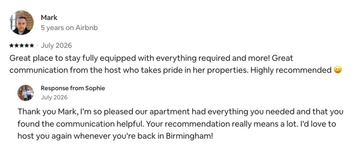 Airbnb review from Mark, 5 stars