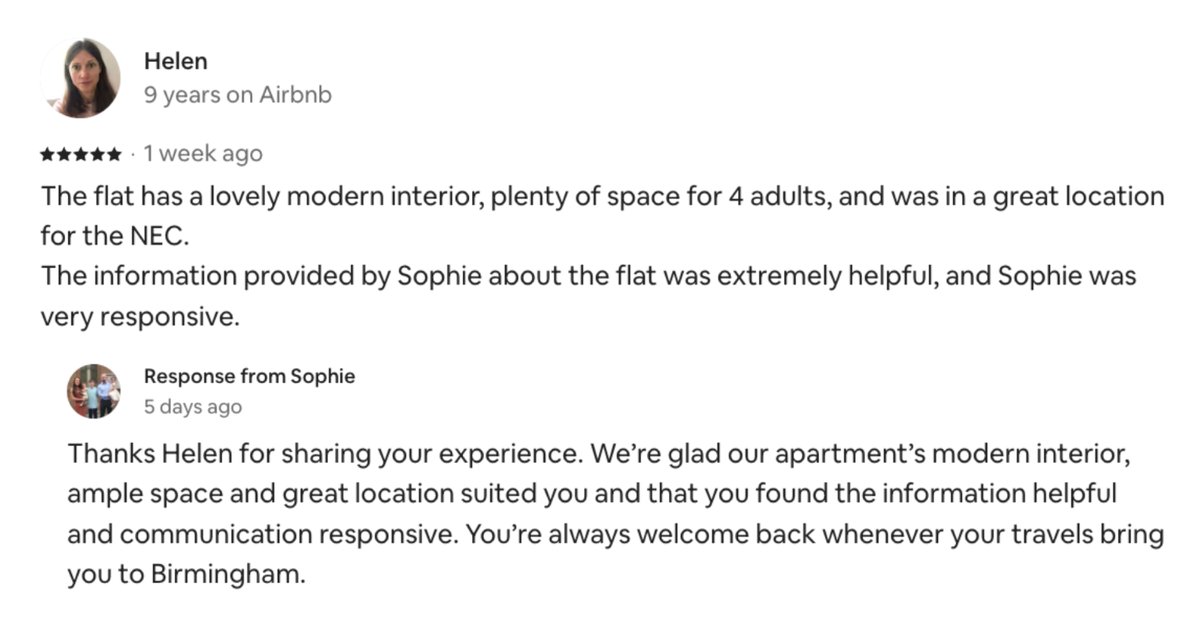 Airbnb review from Helen, 5 stars